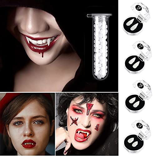 4 Pairs Vampire Teeth Fangs with Adhesive, Halloween Party Favors Cosplay Dentures 4 Size Horror False Teeth with 1 Teeth Pellet Fake Vampire Prop Teeth Decoration