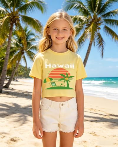 Image of DDSOL Girls Crop Tops Summer Palm Tree Sunset Beach Shirt Hawaii Short Sleeve Tropical Tshirts for Teen Girl 6-14 Years