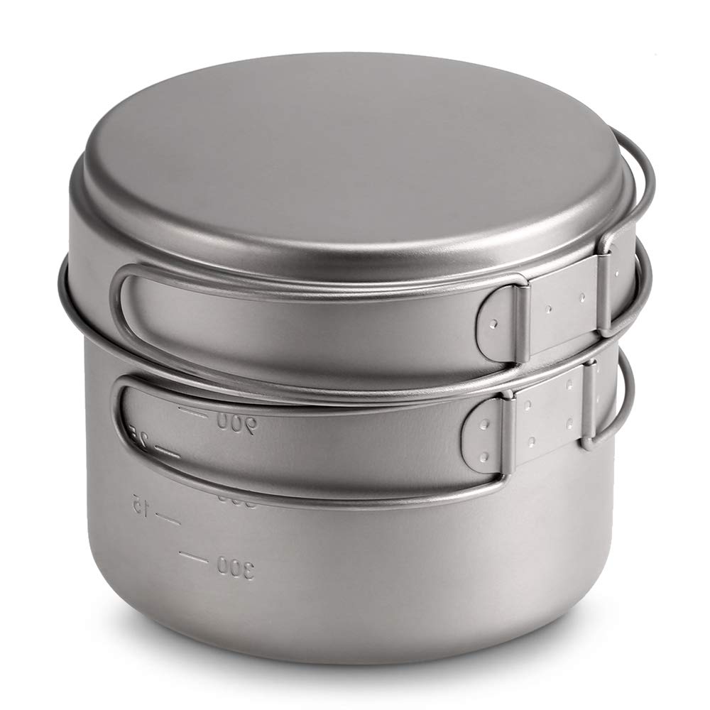 Lixada Zestaw garnków z czystego tytanu, 1100 ml / 1600 ml + patelnia 350 ml / 500 ml, Φ125 x 102 mm, ze składanym uchwytem, na kemping, wędrówki (1600 ml + patelnia)
