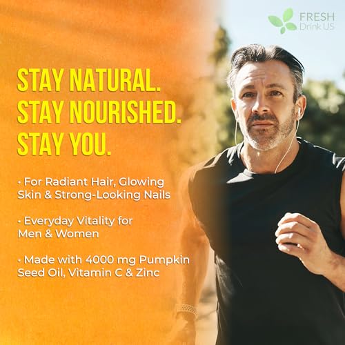 Image of FreshDrinkUS, Premium 90 Pumpkin Seed Oil Gummies for Hair Growth, Youthful Skin, 4000mg per Serving with Zinc & Vitamin C - Plant-Based, Non-GMO, Sugar /Gluten-Free, Men's & Women's Wellness Gummy