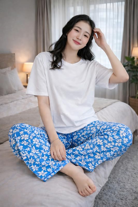 Image of KSHS Printed Round Neck Short Sleeve Nightsuit Set | Pajama Set | Casual Night Dress for Women