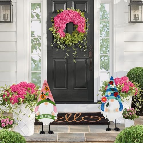 YEAHOME Garden Decor for Outside, Set of 2 Gnomes 23.6" Metal Porch Standings for Yard Decorations Outdoor, Spring Welcome Home Porch Sign for Outdoor Front Door Garden Lawn Backyard (Blue, Pink) 7 51tojRbDgGL. AC