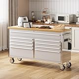 61 inch Rolling Tool Chest, Garage Workbench with 9 Drawers, Solid Rubber Wood Top & with Wheels Lock Key Locking, Mobile Workstation Tool Cabinet for Workshop Storage