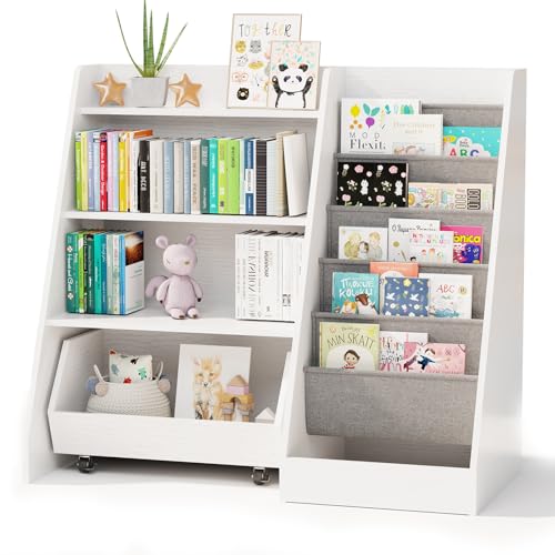 Image of COZPAW Kids Bookshelf and Toy Storage, 4 Tier Toddler Bookshelf with Movable Drawer 5 Sling Pockets, Montessori Book Shelf for Kids Room, Playroom, Nursery (White)