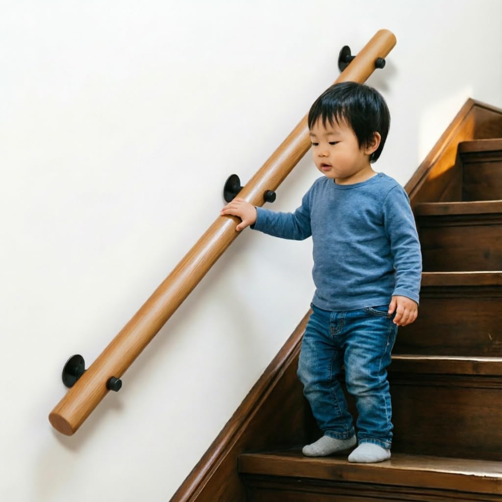 DMCHENGMA Wall Mount Banister Staircase Handrail 30cm - 450cm Round Wooden Hand Railings - Non-Slip Grab Bar for Indoor Stairs(4.6ft/140cm)