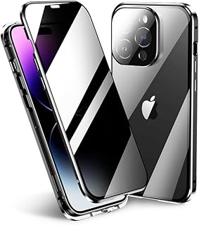 ロック付き 覗き見防止 iPhone15 Pro Max 用 ケース フルカバー カメラ保護 全面カバー アルミバンパー マグネット式 アイフォン15Pro Max 用 ガラスケース 両面 360度 全面保護 (黒)