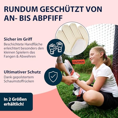 HUDORA Torwarthandschuhe - Gepolsterte Fu&szlig;ball Torh&uuml;terhandschuhe f&uuml;r Kinder & Jugendliche in Gr&ouml;&szlig;e S - Schaumstoffr&uuml;cken - Fu&szlig;ballhandschuhe mit Klettverschluss - rot
