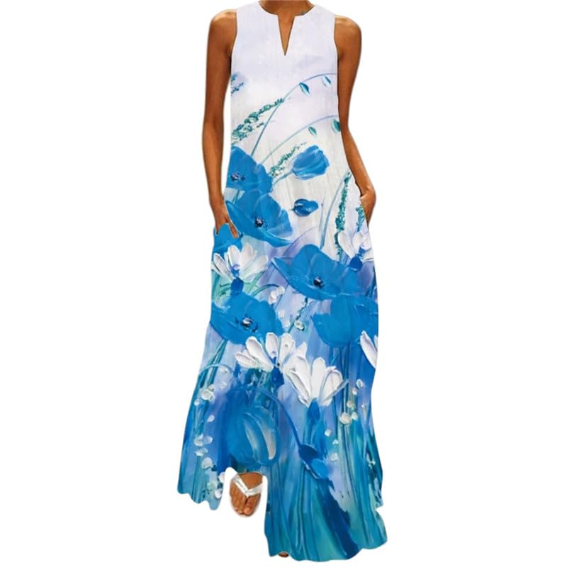 Robe longue d'été sans manches col en V imprimé tournesol et plumes chic