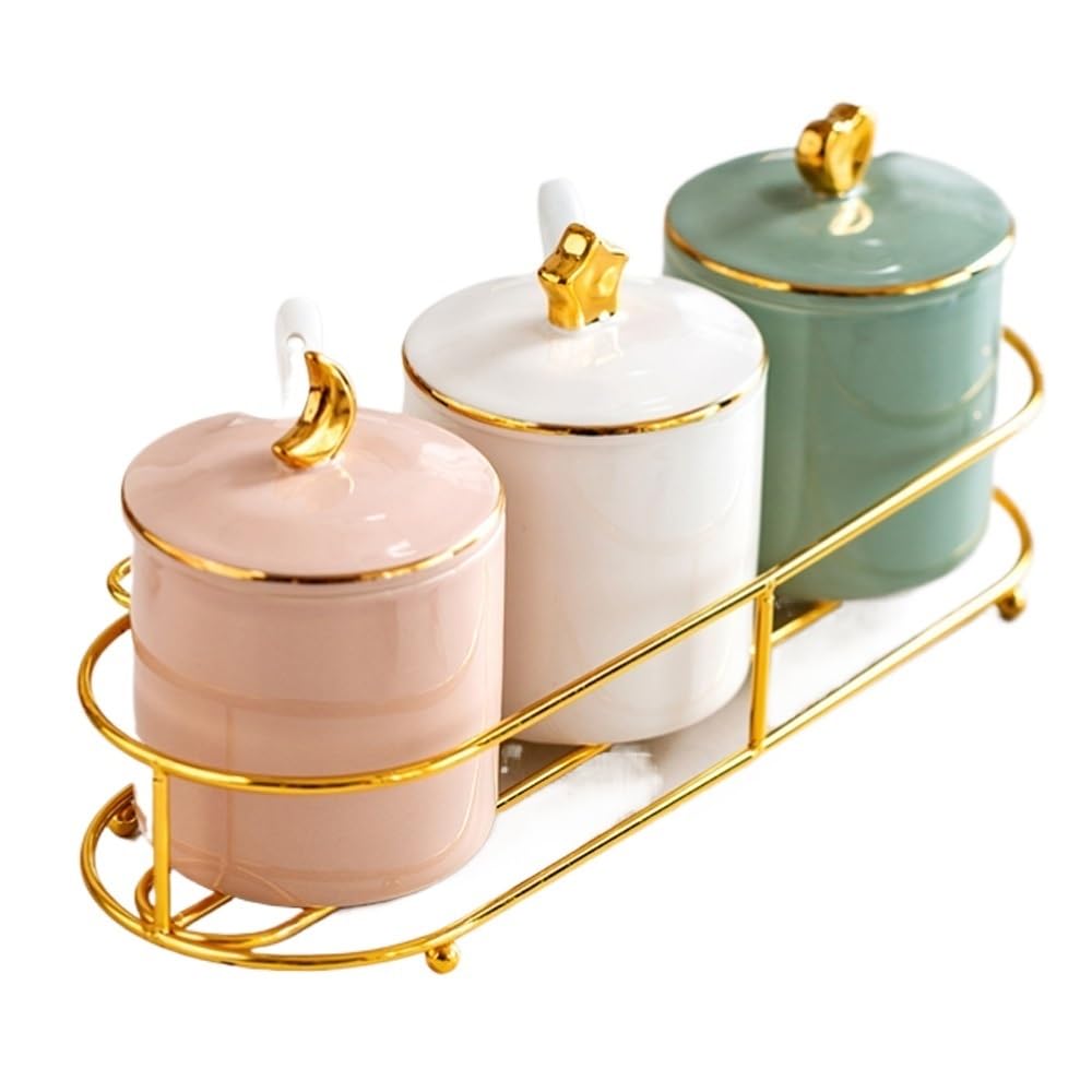 IANSHFKN Three-piece Ceramic Spice Jar, Kitchen Utensils, Household Salt Shaker, Seasoning Box, with Metal Shelf