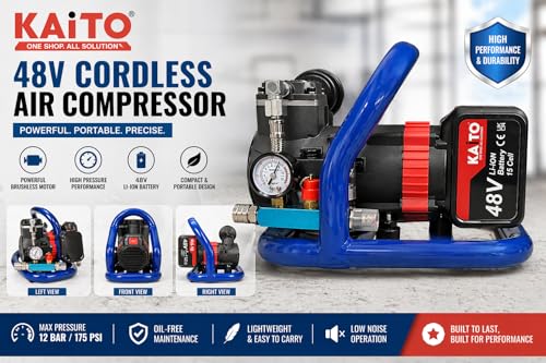 Image of KAITO 48V Cordless Air Compressor Machine | Portable Heavy-Duty Mini Compressor Pump with 15-Cell Lithium-Ion Battery & Charger | 175 Max Pressure, 75dB | Cars, Bikes, Nailing & Spray Painting Black