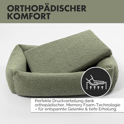 PAW WOW Sven Hundebett | Orthopädisches Hundebett | Teddy-Stoff | Hundekörbchen für kleine, mittelgroße und große Hunde (Olive, 85x65cm)