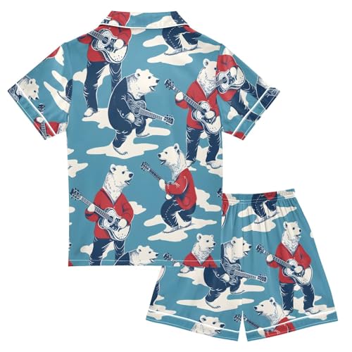 ALAZA Bear Polar Guitar Pajamas Satin Pajama Set Short Sleeve Button Down Sleepwear2