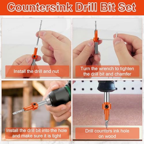 Image of Sunkizzrs 12-Pcs Countersink Drill Bit Set for Woodworking-10mm Aperture -5 /16 inchRound Shank with Extra Pilot Drill Bit & 10mm Dia Hole Punching Tool & Adjustable Depth Stop Collar (2.8 /3 /3.2 /3.5 /4mm)