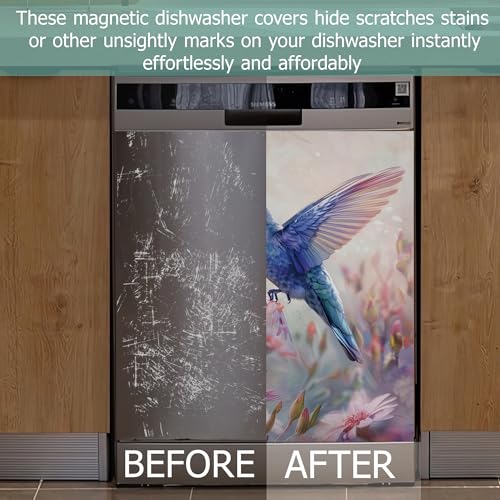Image of Dishwasher Cover,Spring Hummingbird Reusable Dishwasher Magnet Cover,Decorative Purple Flowers Magnetic Refrigerator Cover Front Panel Cover for Kitchen Decor 23x26 Inch