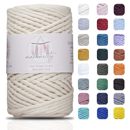 Makromecity, Single Strand Macrame Cord 3 mm x 100 Yards (300 feet) 3mm Single Strand Natural Cotton Cord for Macrame Art & Crafts for Wall Hangings Recycled Cotton Cord Yarn DIY (Ecru, 1 Skein)