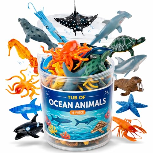Liberty Imports Bucket of Ocean Sea Animals Toys - 16 PCS Large Underwater Deep Sea Creaures, Realistic Soft Plastic Marine Educational Toy Figures Playset for Toddlers, Kids