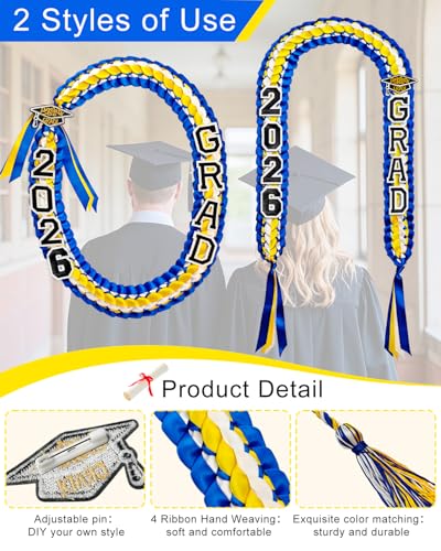 Image of Yigney Graduation Lei Set Class of 2026 Grad Ribbon Leis with Honor Cord Double Braided Graduate Leis for Men Women (1, Blue Gold White)