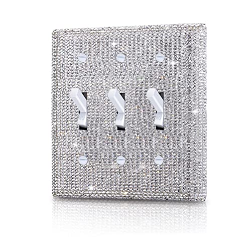 Image of Shiny Silver Rhinestones Wall Plate Cover Triple Toggle Light Switch Cover Durable Double Rhinestones Outlet Covers Wall Plate