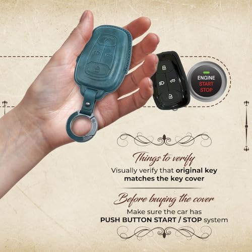Image of Keyzone Vintage Leather Key Cover Compatible for Tata Nexon | Harrier | Safari | Altroz | Tigor | EV | Punch | Tiago EV Electric 4 Button Smart Key (Blue)