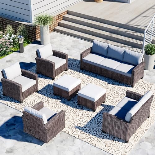 ELEGIBLISS Outdoor Sectional Sofa，Wicker Patio Furniture Set with Ottomans and Comfy Cushions, All Weather High Back Conversation Set for Backyard Lawn Deck Garden