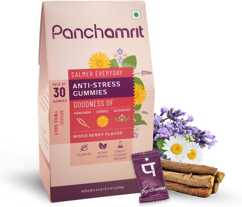 Panchamrit Anti-stress Gummies, enriched with Ashwagandha, Chamomile and Valerian Root | Reduces stress levels, sharpens focus, and improves sleep quality | 30 Gummies (Pack of 1)