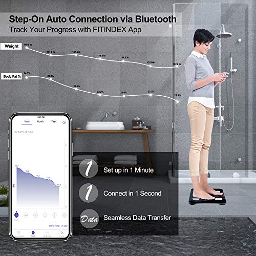 FITINDEX Smart Bluetooth Body Fat Scale with Upgraded App, High Precision Bathroom Scales Digital Weight and Body Fat Body Composition Monitor, 396lb/180kg, Black