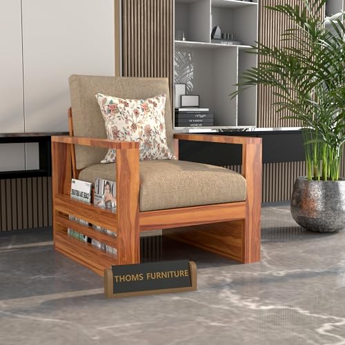 Image of Sheesham Wood Single Seater Sofa | Premium Wooden Single Sofa Chair for Living Room & Bedroom | Single Person Sofa for Home & Office Furniture (Zack Honey, 1 Seater)