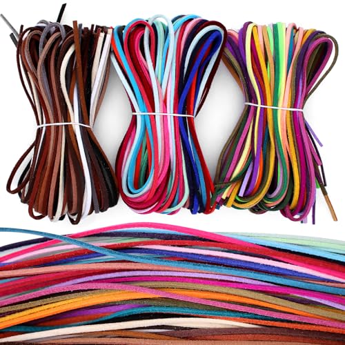 NVGFTG 60 Piezas Cordon Cuero para Colgante 60 Colores 1m × 3 mm Cuerda de Cuero Plano, Cordón de Cuero De Gamuza Manualidades Hilo para Pulsera, Collar, Joyería, Hecho a Mano