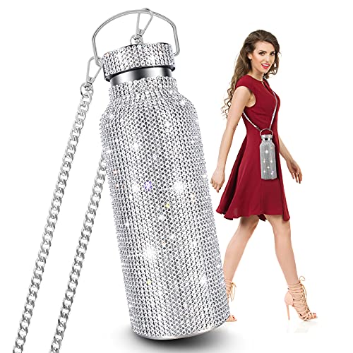 Product Image of the MAIPOR Diamond Water Bottle, Bling Diamond Vacuum Flask, Sparkling Diamond Water Bottle, High-Grade Stainless Steel Rhinestone Vacuum Flask, Leak-Proof Vacuum Flask With Chain (Silver, 750ML)