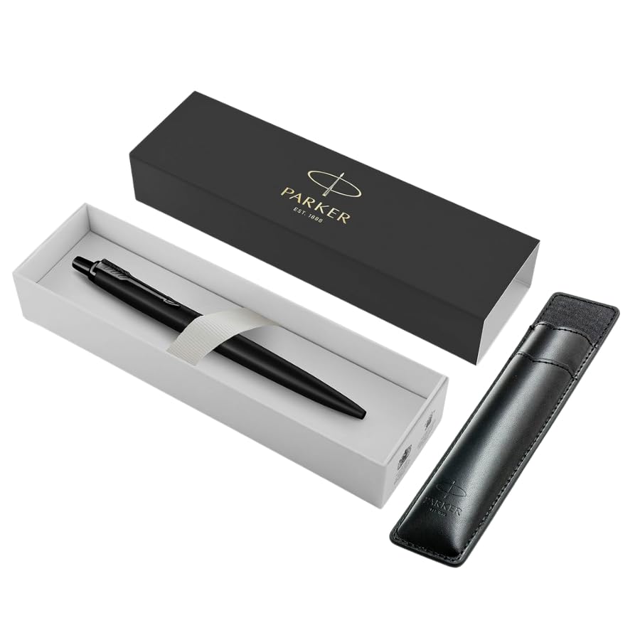 Parker Jotter XL Ballpoint Pen | Monochrome Matte Black | Medium Point | Blue Ink | Gift Box & Black sleeve pen case with embossed logo