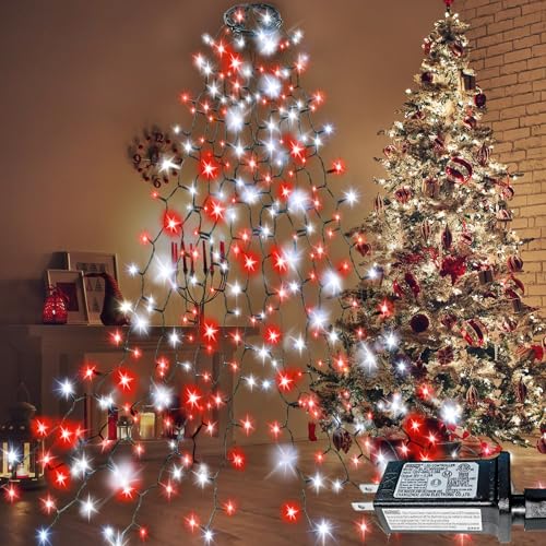 EXF Easy Christmas Tree Lights Indoor Outdoor, 420 LED Christmas String Lights 8.2FT x 12 Lines with 8 Modes & Timer, Waterproof Lamps for Festive Decoration on 6FT Christmas Tree (Red and White)