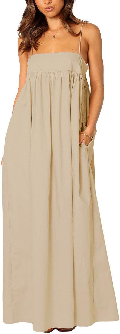 ebossy Women's Summer Backless Tied Spaghetti Straps Casual Loose Cutout Maxi Dress with Pockets