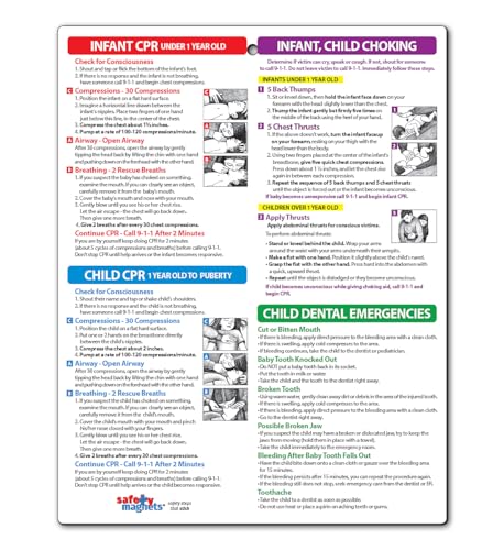 Safety Magnets by ZOCO – Infant and Child First Aid Magnet – CPR Choking Poison Control Burns Dental Emergency Chart – Laminated 8.5x11 Magnetic Quick Reference Card for Fridge