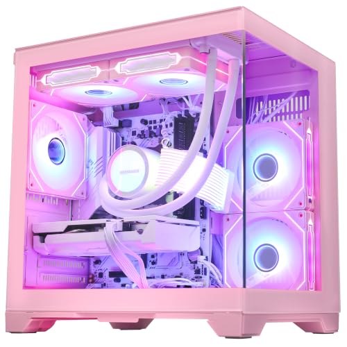 Image of Panorama Prebuilt Gaming PC W /Mouse, AMD Ryzen 7 5700X, GeForce RTX 5060 TI 8GB, 16GB DDR4 RAM, 1TB NVMe SSD, 240mm AIO & Software Control ARGB Fans, Windows 11 Desktop Computer, Pink