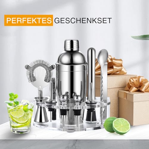 Cocktail Shaker Set, Edelstahl Cocktail Set mit 12 teiligem Bar Zubehör, 750ML Shaker Barkeeper Set mit Ständer, Cocktail Maschine Bar Set für Zuhause, Geschenke für Männer Dad Barkeeper (Silber)