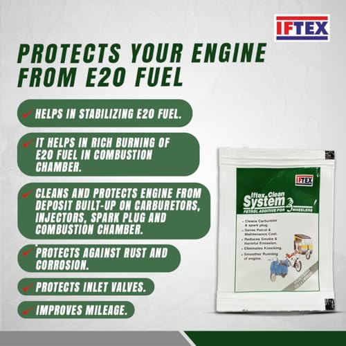 Image of IFTEX Clean System 2 /3 e20 Fuel Additive 5ml X 48 Pouches for All Petrol Bike and Scooter, Petrol Fuel System and Injector Cleaner for Cleaning deposits and Mileage Improvement