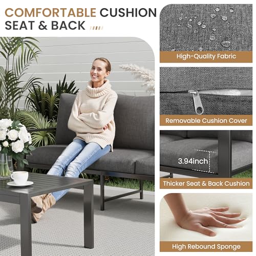 Image of Aluminum Outdoor Patio Furniture Sets All-Weather Patio Conversation Set Sectional Sofa with Coffee Table & Cushions w /Removable Covers for for Deck Backyard Garden Poolside Balcony Porch