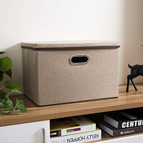 Image of PRANDOM Large Collapsible Storage Bins with Lids [1-Pack] Jute Fabric Foldable Storage Boxes Organizer Containers Baskets Cube with Cover for Home Bedroom Closet Office Nursery (17.7x11.8x11.8)