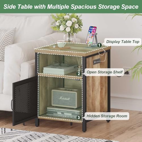 FATORRI End Table with Storage, Rustic Side Table for Living Room, Narrow Wood and Metal Bedside Tables with Door (Rustic Oak) - Thumbnail 5