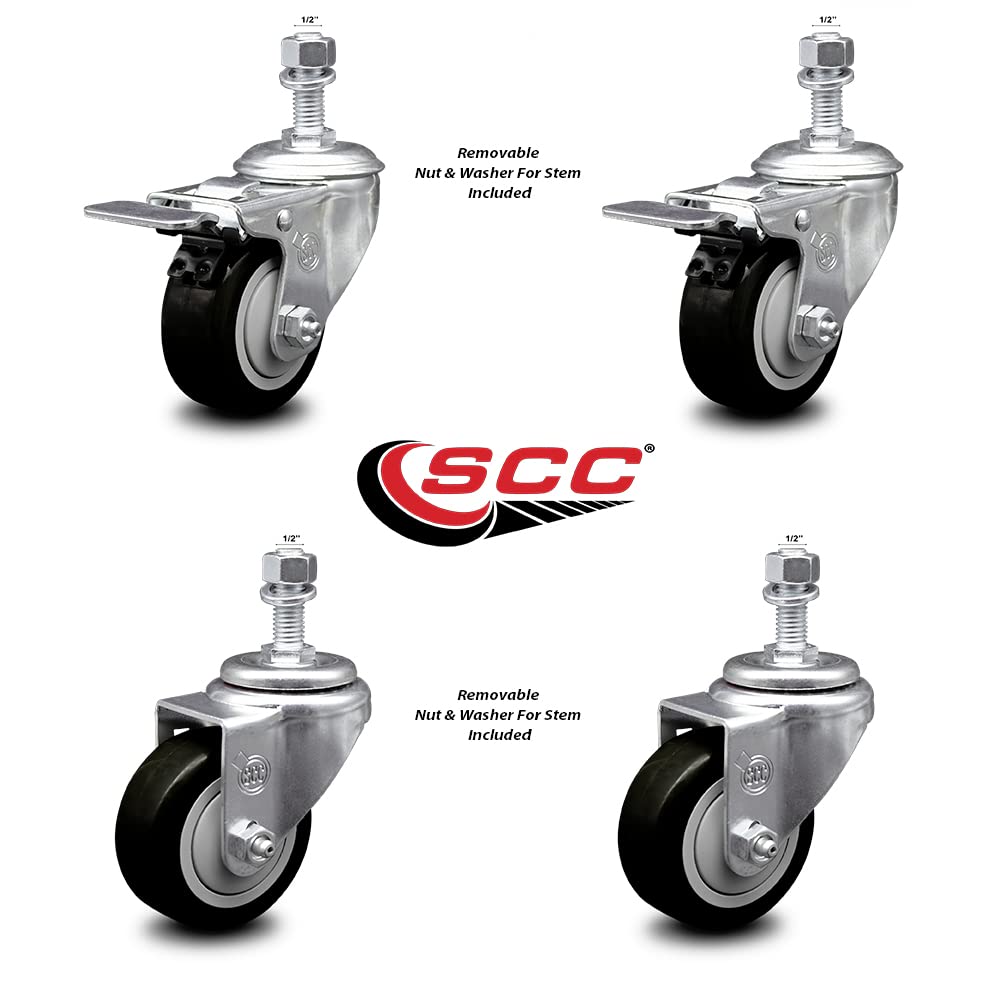 Stainless Steel Polyurethane Swivel Threaded Stem Caster Set of 4 w/3