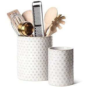 LE TAUCI Utensil Holder, 7.1″+5.4″ Ceramic Kitchen Utensil Holder for Counter top, Embossed Cooking Utensil Organizer for Spatula & Spoon, Kitchen Decor, Set of 2, Arctic White, Clover