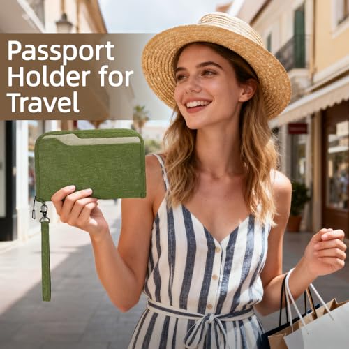 Image of ZOPPEN Passport Holder Family RFID Passport Wallet, Passport Holder Women /Men, Travel Wallet Documents Organizer Zipper Case with Removable Wristlet Strap, Travel Essentials for Flying, #06 Green, One