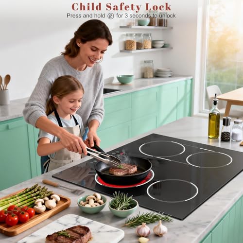 Image of 24 Inch Electric Cooktop Built-in, 4 Burner Electric Stove with 6900W Total High Power, 24 inch Ceramic Cooktop with BBQ Burner, Touch Control, Child Safety Lock, 220V-240V Hard Wire, No Plug