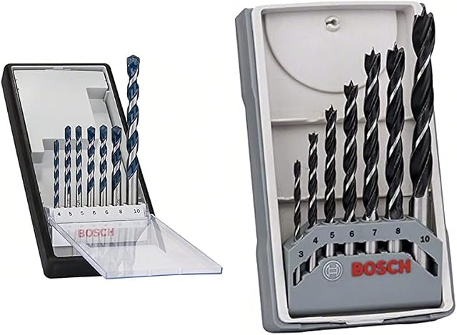 Bosch 2608588167 Professional 7-Piece CYL-5 Robust Line Concrete Drill Bit Set, 4mm-10mm & 2607017034 Professional 7-Piece Robust Line Brad Point Drill Bit Set, Black/Silver, 45cm x 40cm x 25cm