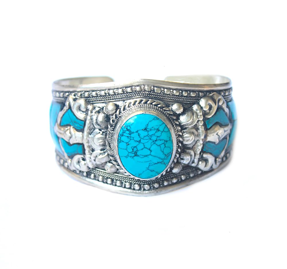 Mosaic Blue Stabilized Turquoise & Argentium Plated Stainless Steel Cuff Bracelet - Slightly Adjustable