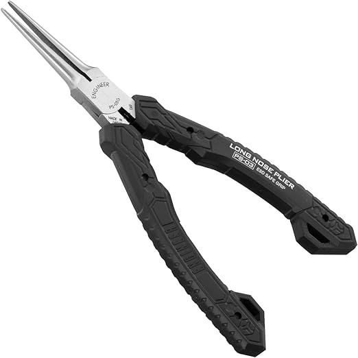 ENGINEER Compact Precision Compact Long Nose Pliers (Needle tip),Professional Grade, ESD Safe with Carbon Steel Jaws. Made in Japan. ps-03,Black,141mm