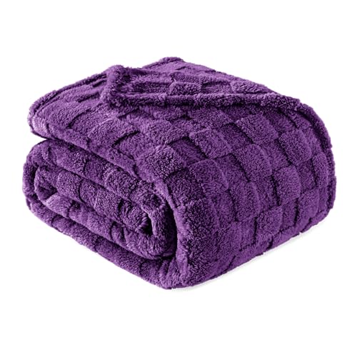 Exclusivo Mezcla Kuscheldecke Fleece-Decke, Superweiche 3D Karierte Wohndecke, Flauschige Tagesdecke für alle Jahreszeiten, 220 x 240 cm, Lila