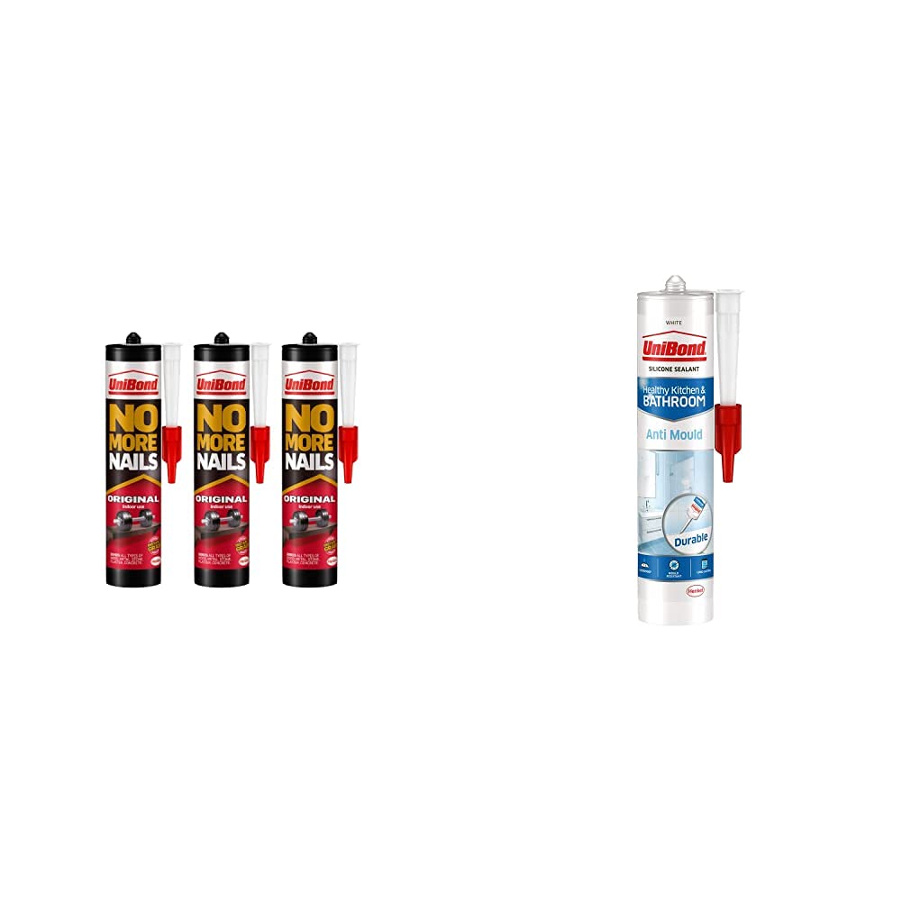 UniBond No More Nails Original, Heavy-Duty Mounting Adhesive, Strong Glue, Pack of 3 & Anti-Mould White, Waterproof Mould Protection Kitchen & Bathroom Sealant, 1 x 274g Cartridge