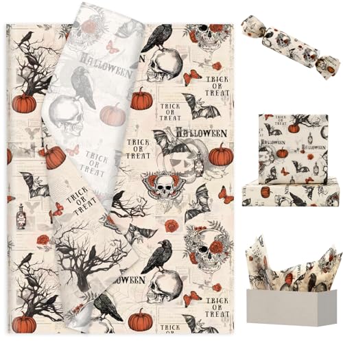 JarThenaAMCS 60 Pcs Halloween Tissue Paper Retro Gothic Skull Cro...