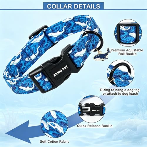 Image of ARING PET Summer Dog Collar, Cute Blue Ocean White Whale Doggy Collars for Puppy Small Medium Large Boy Girl Dogs Pet, for Daily Photos Beach Walking Hiking Picnic-XL